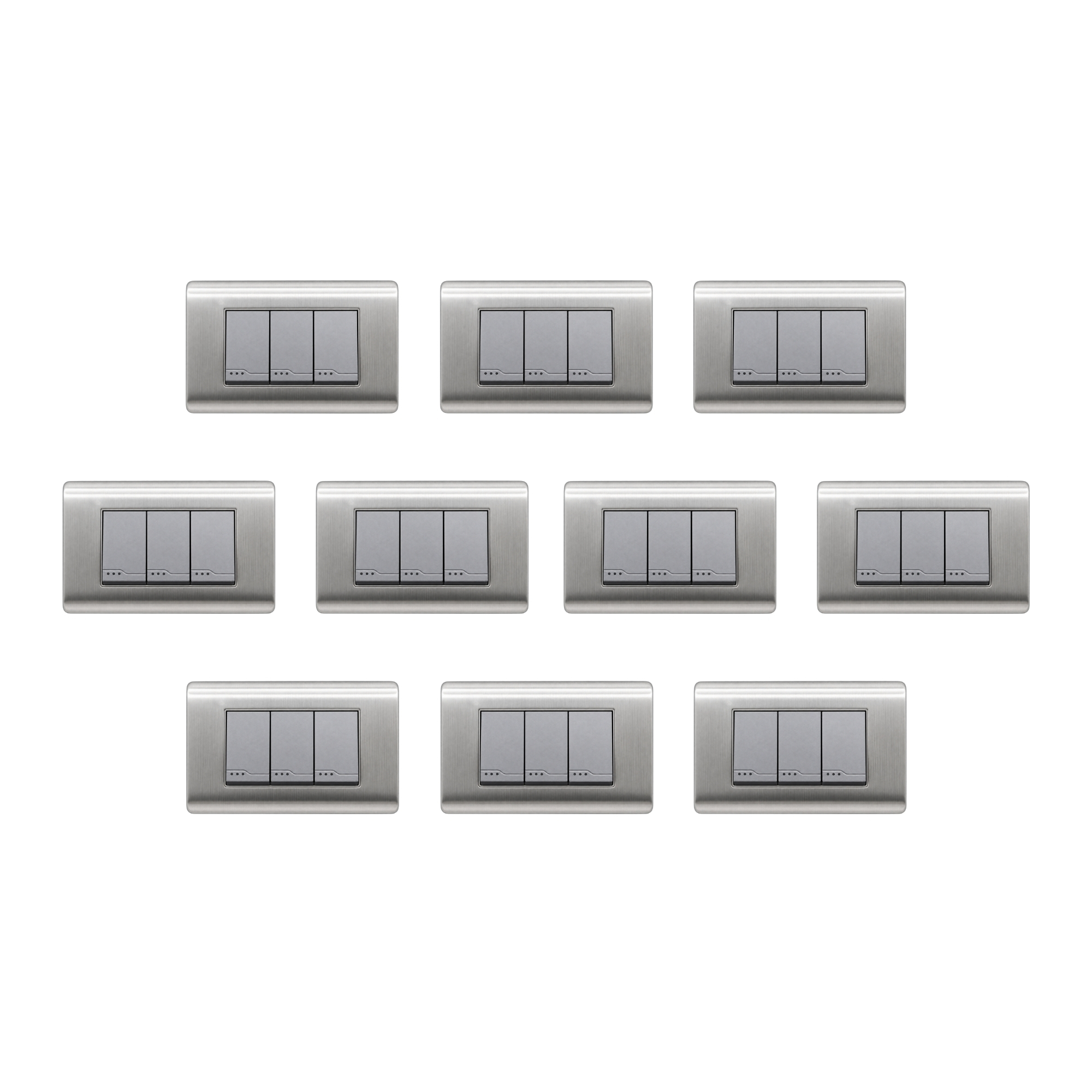 Pack X10 Unidades Interruptor Triple En Acero Inoxidable Gris