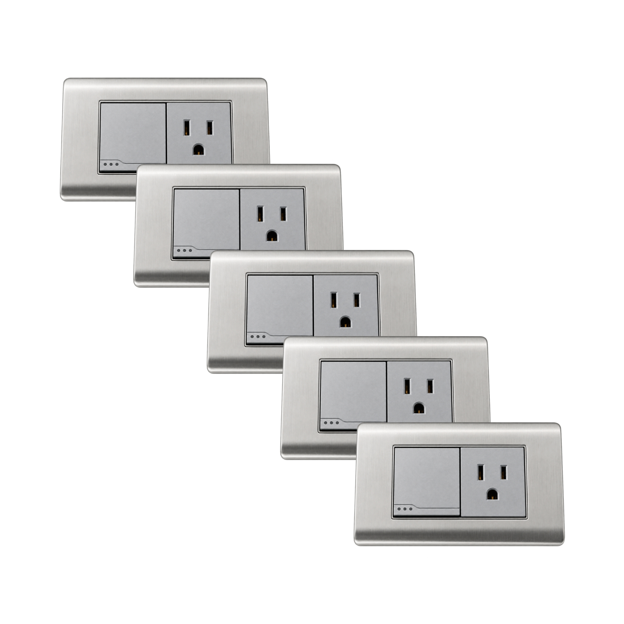 Pack X5 Unidades Tomacorriente + Interruptor Acero Inoxidable