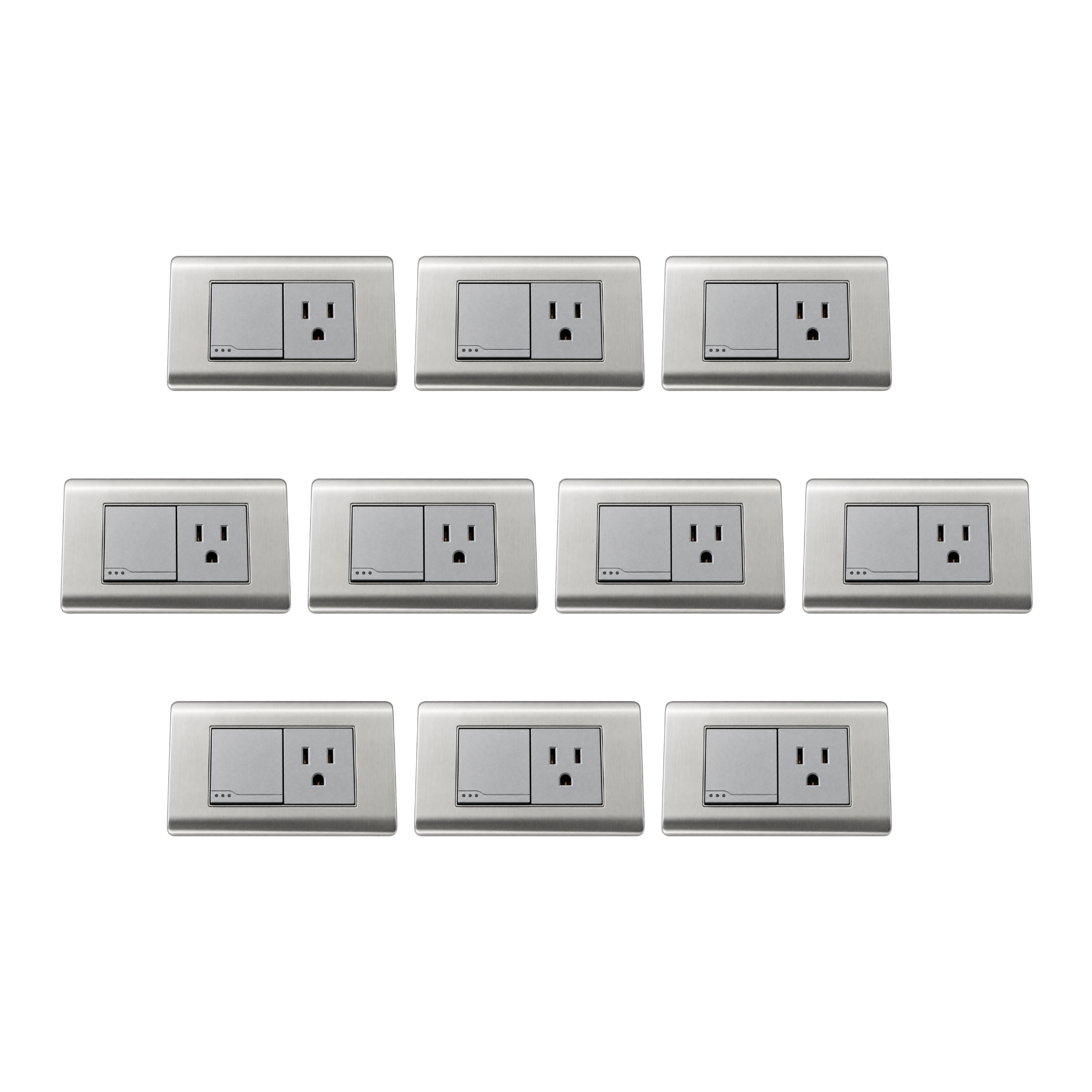 Pack X10 Unidades Tomacorriente + Interruptor Acero Inoxidable
