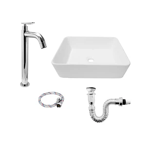 Combo Lavamanos Rectangular + Griferia Agua Fria Inoxidable