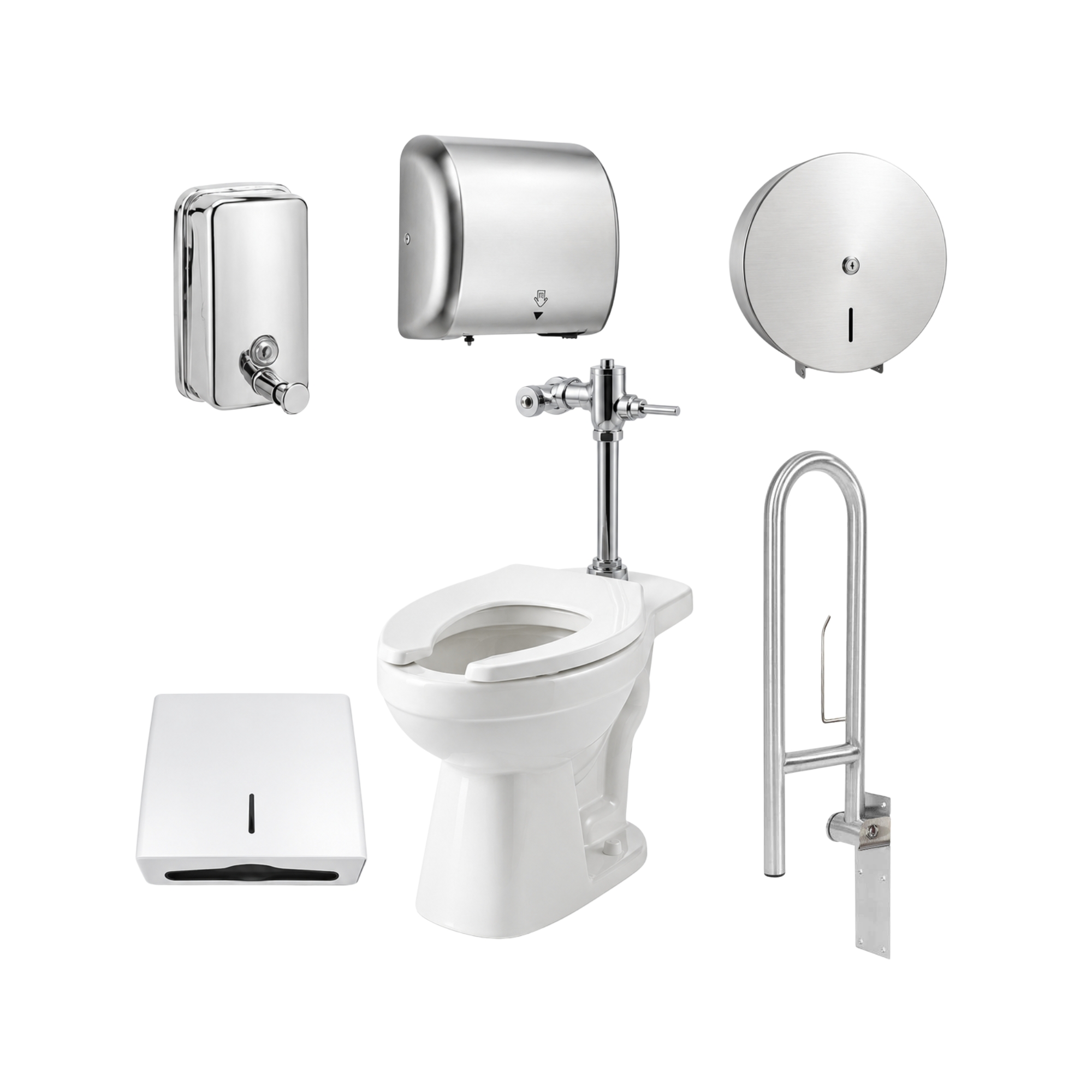 Combo Sanitario Institucional, Fluxómetro, Secador Y Accesorios En Acero