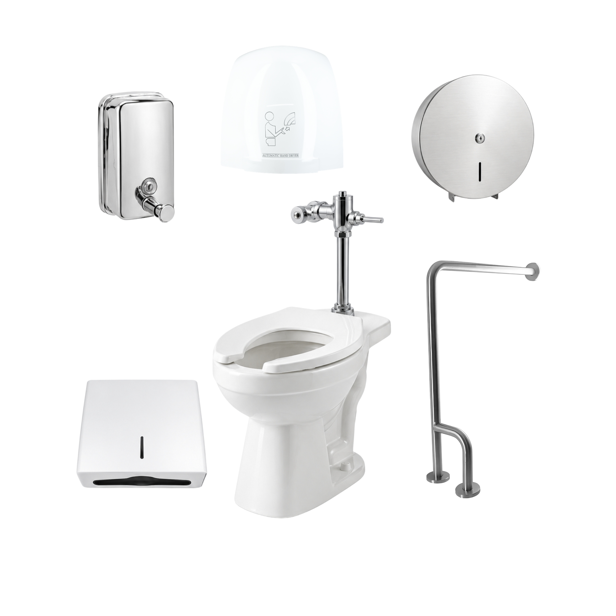Combo Sanitario Institucional Con Fluxómetro, Secador + Accesorios