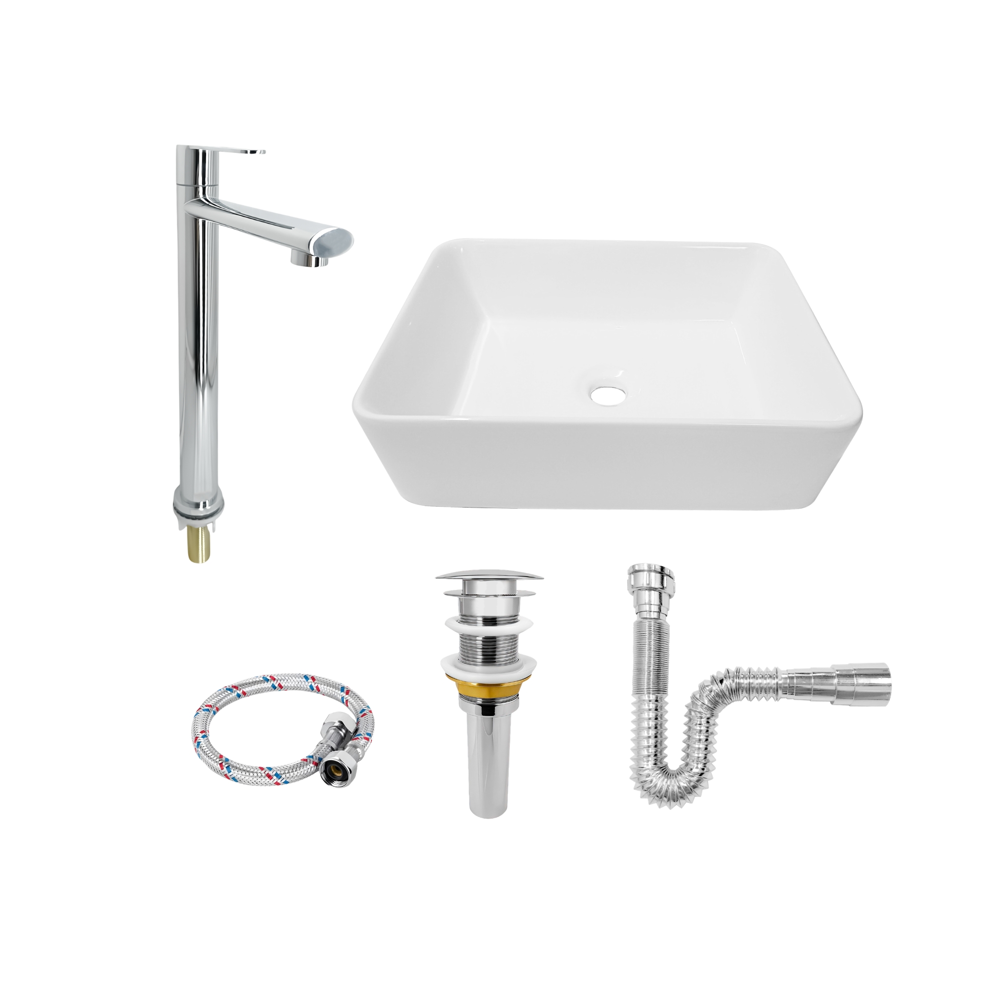 Combo Lavamanos Rectangular + Griferia Agua Fría Cromada