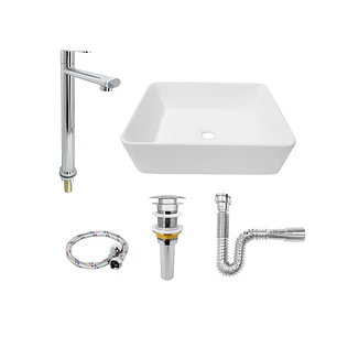 Combo Lavamanos Rectangular + Griferia Agua Fría Cromada