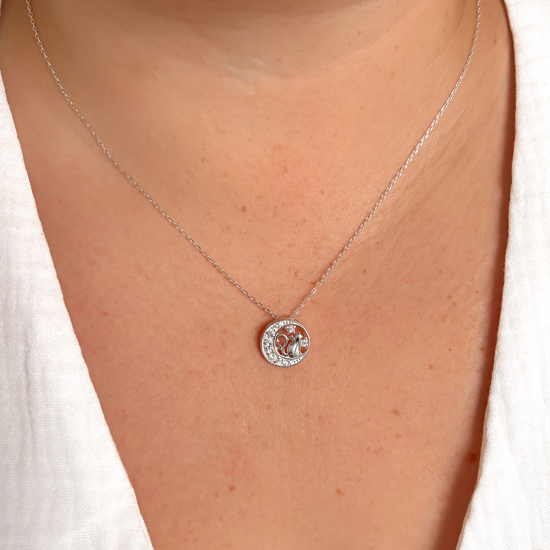 Collar Medalla Media Luna Gato y Estrellas con Circones  1