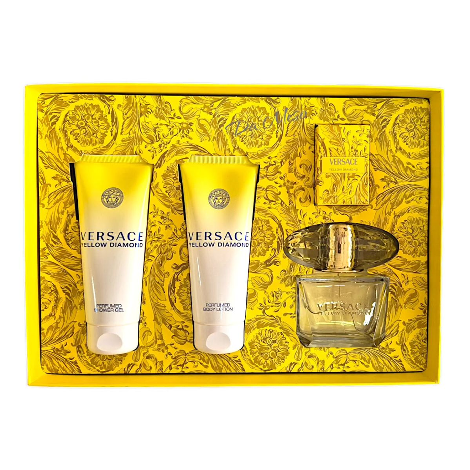VERSACE YELLOW DIAMOND ESTUCHE 4 PIEZAS DAMA EDT 90ml + SHOWER GEL 100ml + BODY LOTION 100ml + MINIATURA 5ml