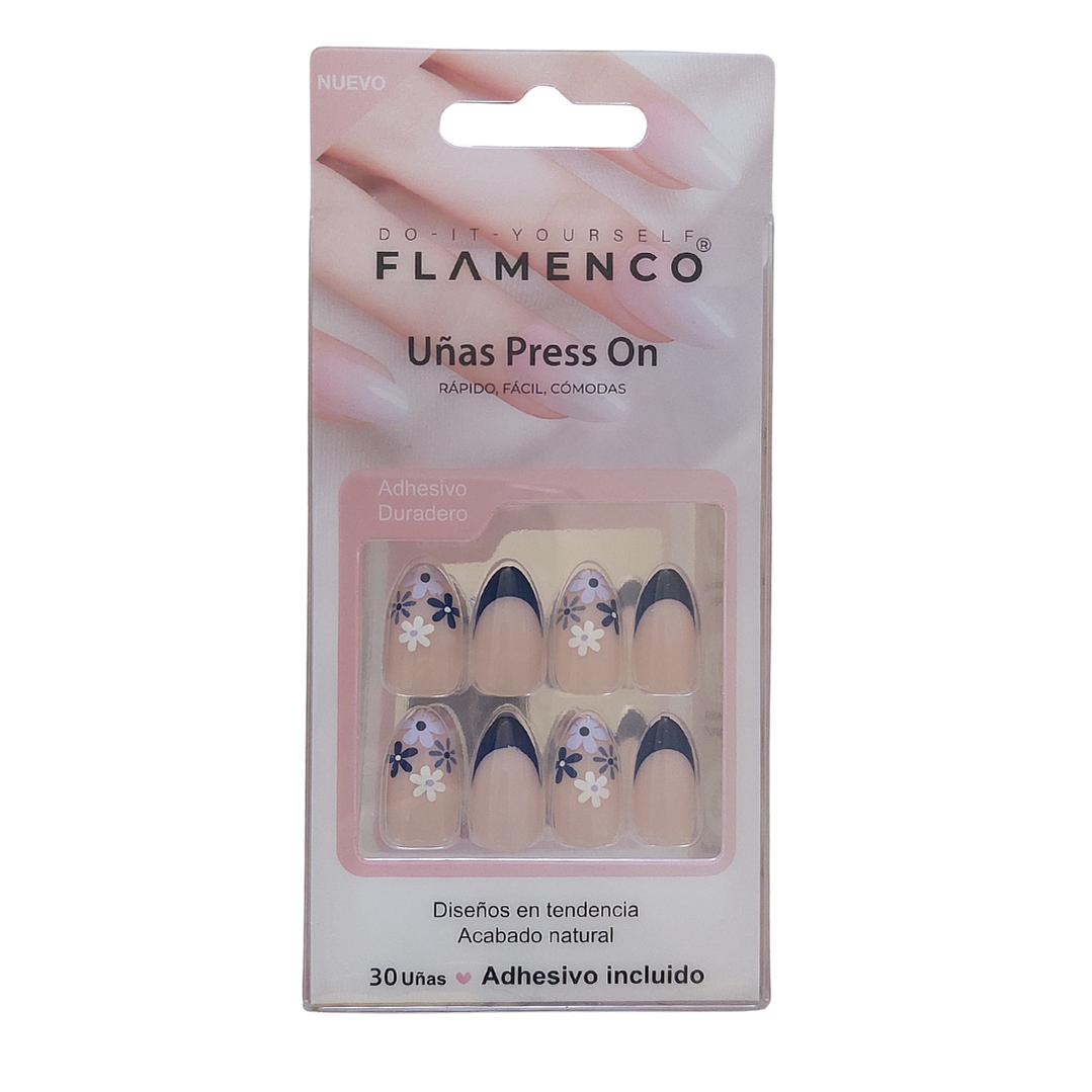 Uñas Press On Autoadhesivas Acabado Natural Azul Flores 1