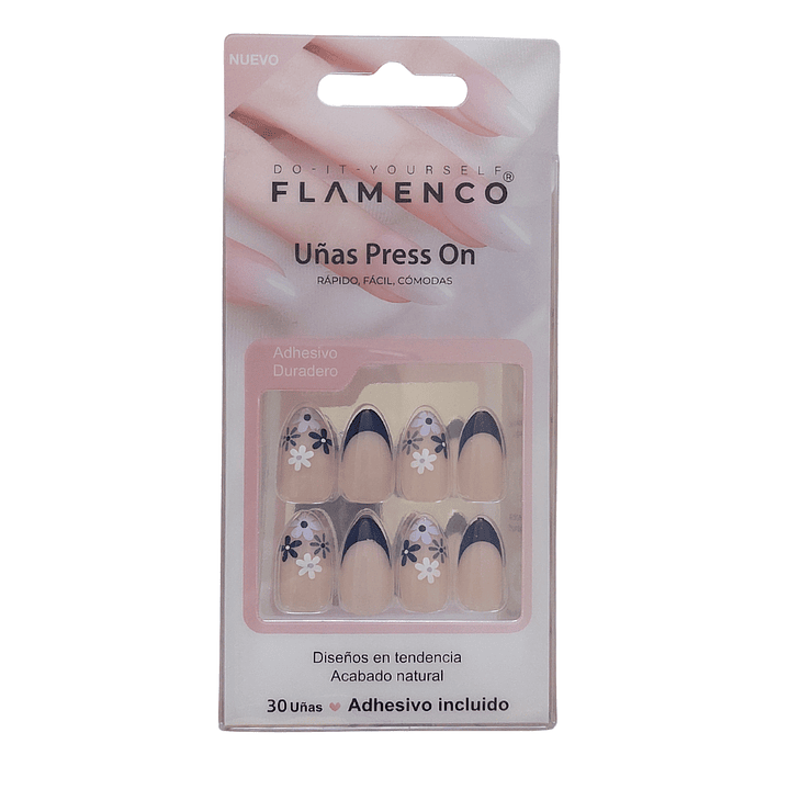 Uñas Press On Autoadhesivas Acabado Natural Azul Flores 1