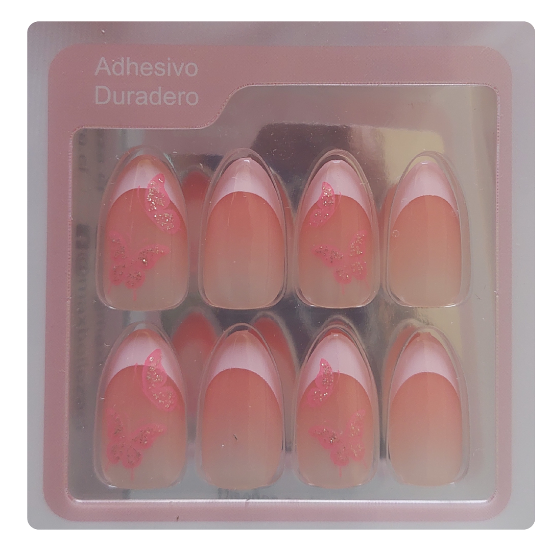 Uñas Press On Autoadhesivas Acabado Natural Francesas Mariposas 3