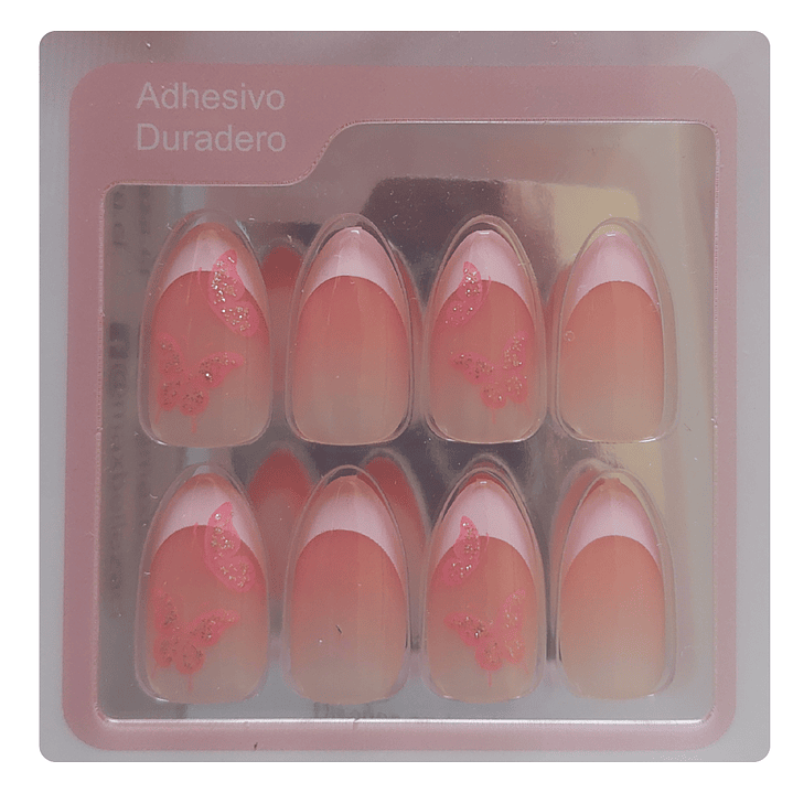 Uñas Press On Autoadhesivas Acabado Natural Francesas Mariposas 3