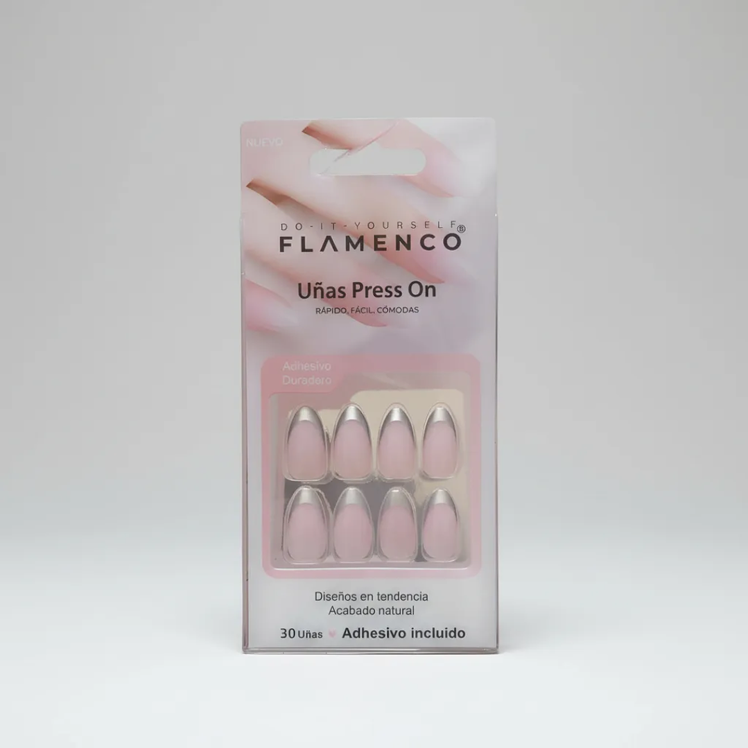 Uñas Press On Acabado Natural Francesa Plateadas Plateado Lisa 6