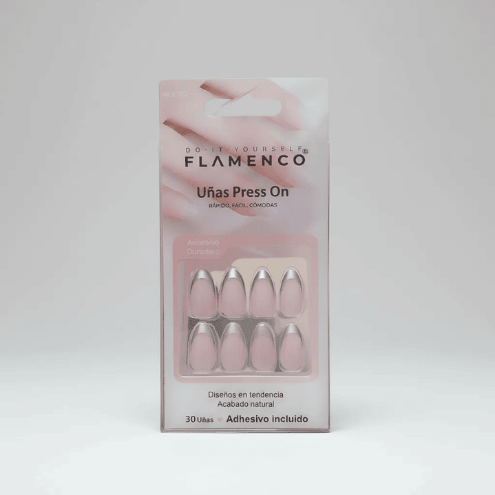 Uñas Press On Acabado Natural Francesa Plateadas Plateado Lisa 6