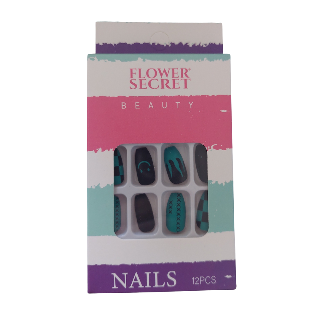 💅 Set de 12 Uñas Postizas Press On Flower Secret – Elegancia en Tonos Oscuros 💅 12