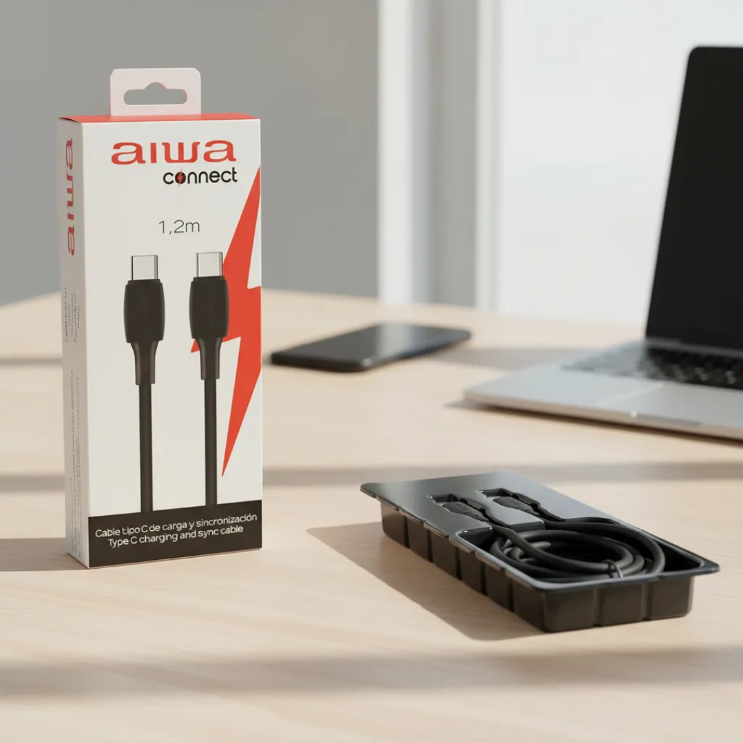 Cable Aiwa USB Tipo-C a Tipo-C 1.2 Metros – Carga Rápida 60W con Protección de Sobrecorriente | Modelo AWCS1CC4B 4