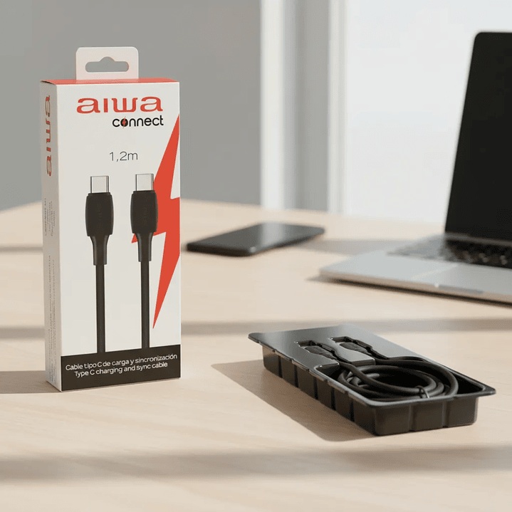 Cable Aiwa USB Tipo-C a Tipo-C 1.2 Metros – Carga Rápida 60W con Protección de Sobrecorriente | Modelo AWCS1CC4B 4