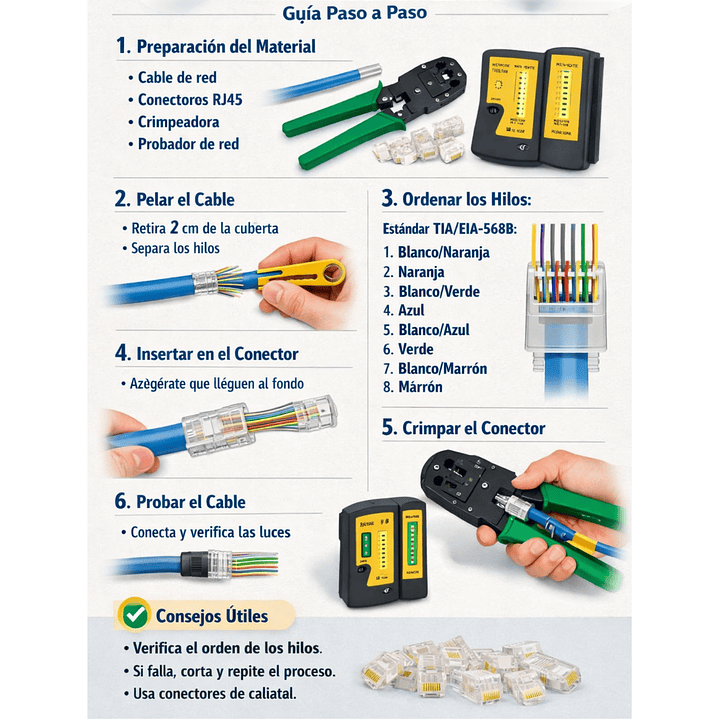 🔧 Kit Herramientas de Red Crimpeadora Tester Pelacables con Conectores RJ45 8