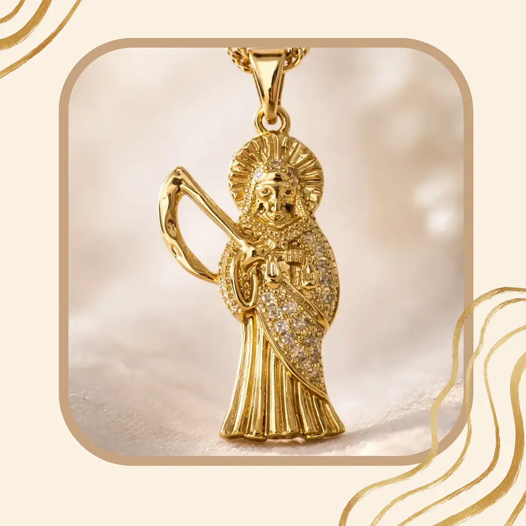 Collar Dije Santa Muerte de Acero Inoxidable Dorado – Accesorio Espiritual 5