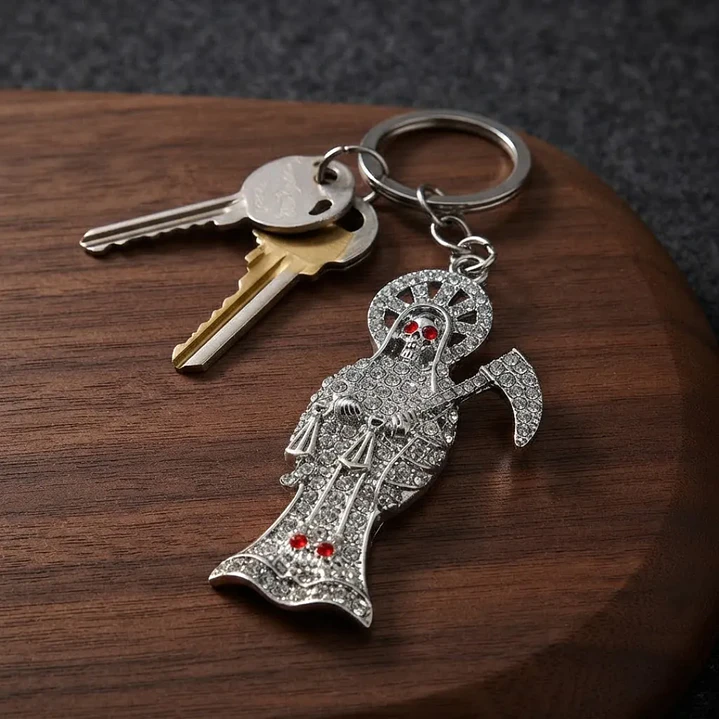 Llavero Amuleto Santa Muerte Plateado Brillante – Accesorio Espiritual 5
