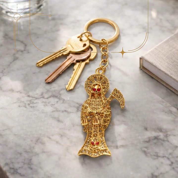 Llavero Amuleto Santa Muerte Dorado Brillante – Accesorio Espiritual 5