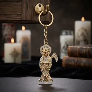 Llavero Amuleto Santa Muerte Dorado Brillante – Accesorio Espiritual