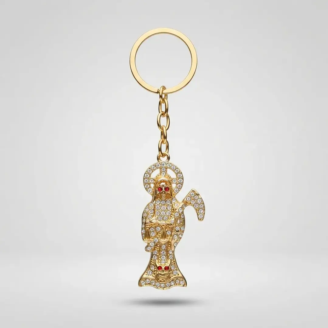 Llavero Amuleto Santa Muerte Dorado Brillante – Accesorio Espiritual 2