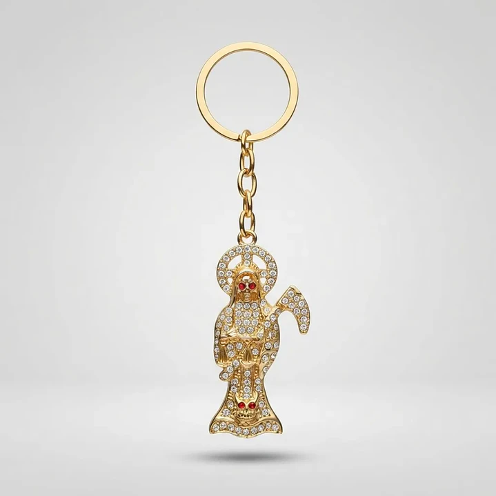 Llavero Amuleto Santa Muerte Dorado Brillante – Accesorio Espiritual 2