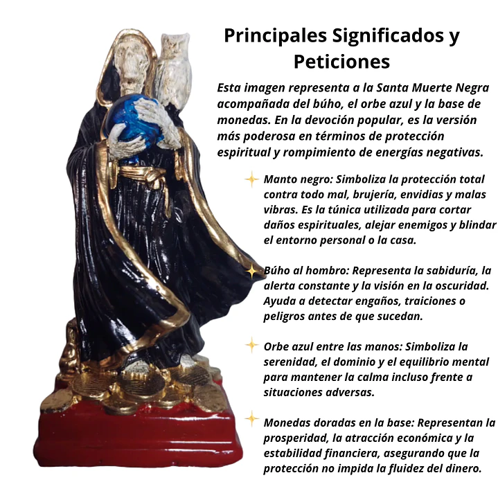 Santa Muerte Negra con Búho 15 cm – Figura Decorativa Espiritual 3