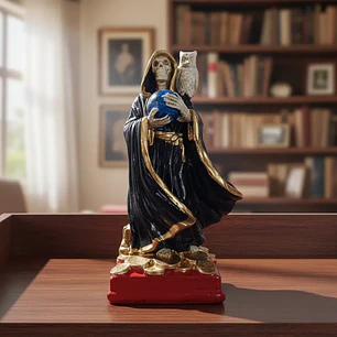Santa Muerte Negra con Búho 15 cm – Figura Decorativa Espiritual