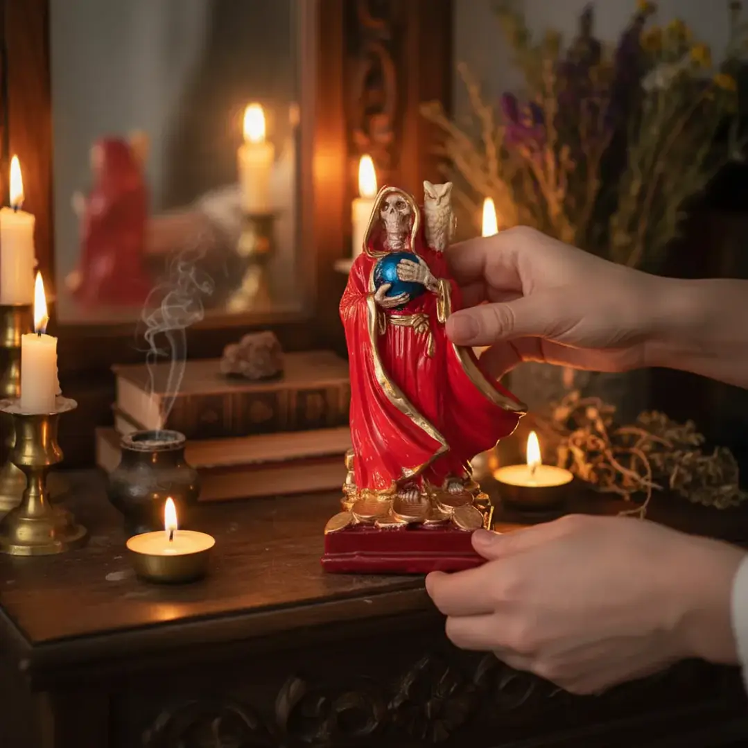 Santa Muerte Roja con Búho 15 cm – Figura Decorativa Espiritual 6