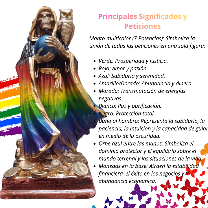 Santa Muerte 7 Potencias Multicolor con Búho 22 cm – Figura Decorativa Espiritual 6