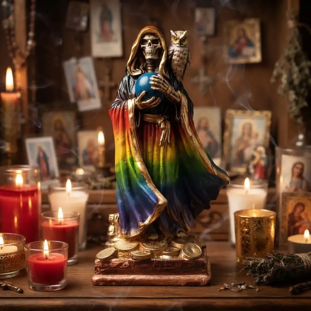 Santa Muerte 7 Potencias Multicolor con Búho 22 cm – Figura Decorativa Espiritual 7