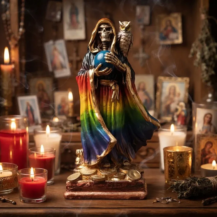Santa Muerte 7 Potencias Multicolor con Búho 22 cm – Figura Decorativa Espiritual 7
