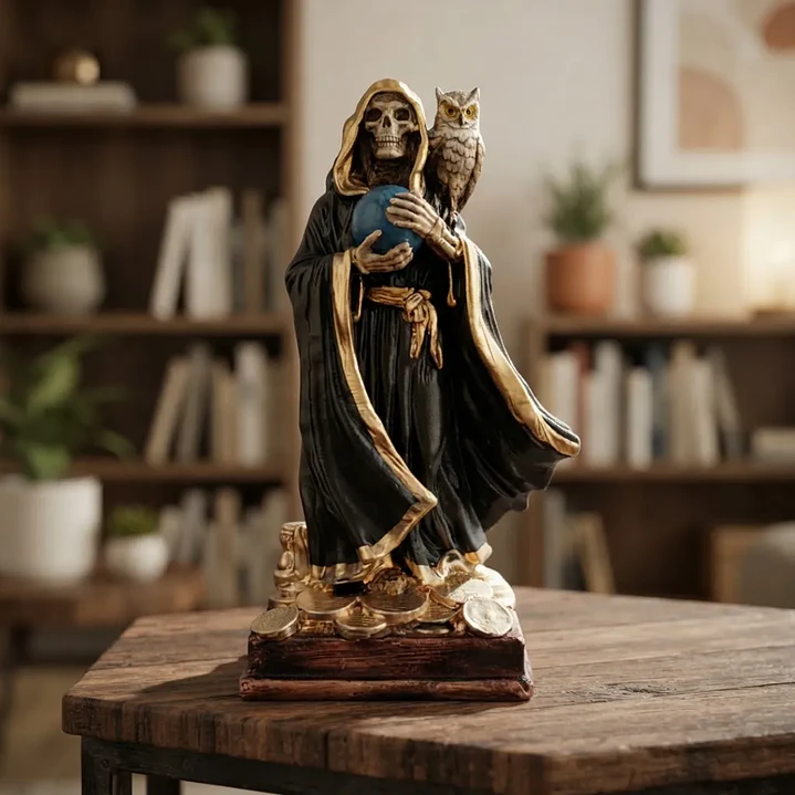 Santa Muerte Negra con Búho 22 cm – Figura Decorativa Espiritual 5