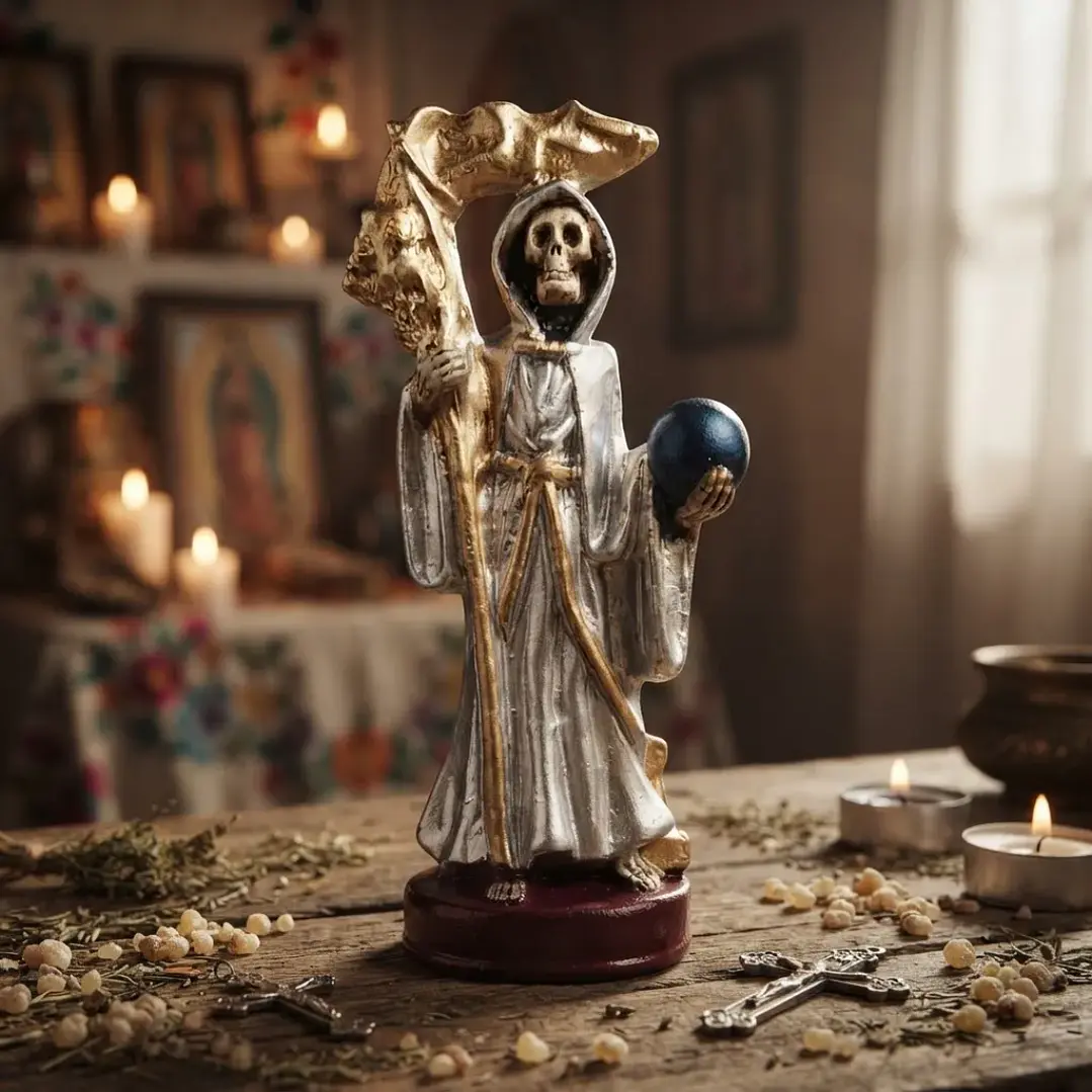 Santa Muerte Plateada de 12 cm – Figura Decorativa y Espiritual 3