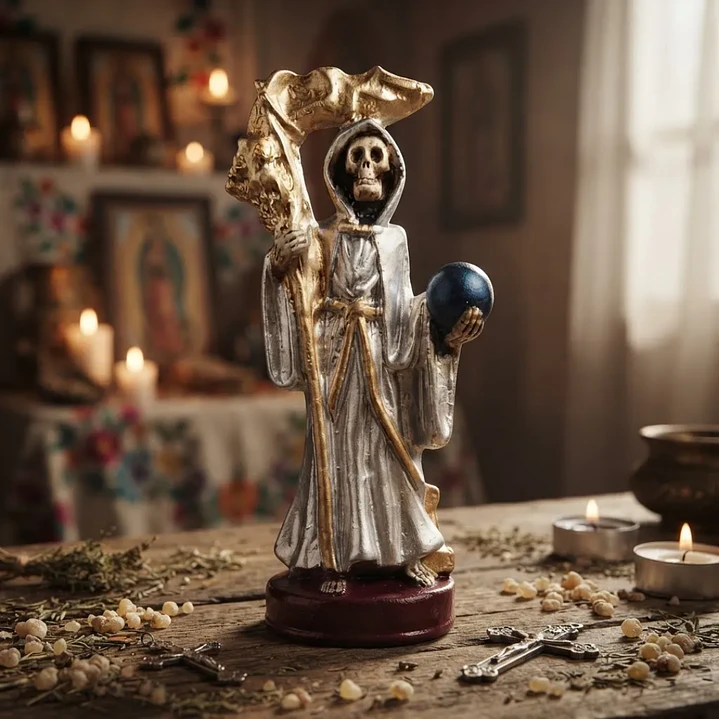 Santa Muerte Plateada de 12 cm – Figura Decorativa y Espiritual 3