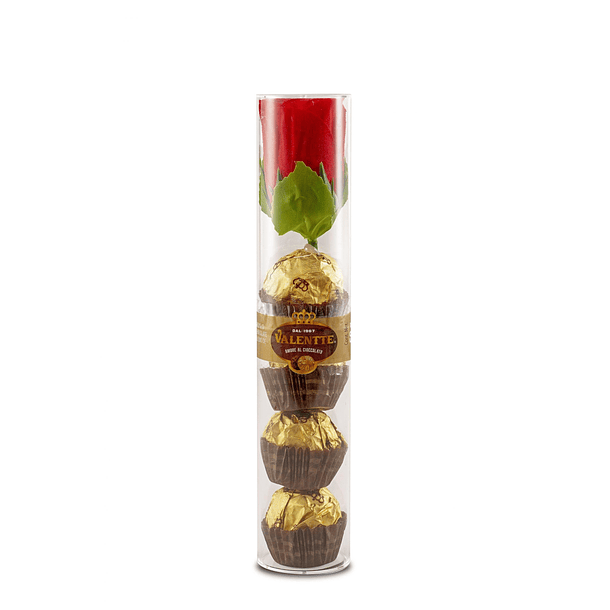 Tubo De 4 Bombones de Chocolate Valentte Con Flor