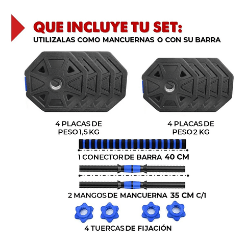 Set Mancuernas Ajustables Hexagonales 15 Kg 2en1 + Barra