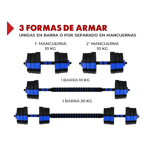Set Mancuernas Ajustables Hexagonales 20 Kg 2en1 + Barra