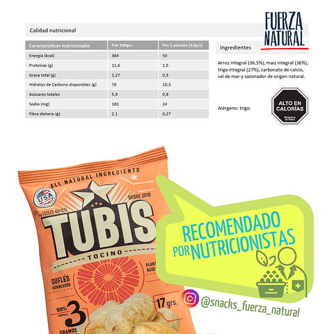 Tubis 17g Tocino Snack Saludable Fuerza Natural Pack X12
