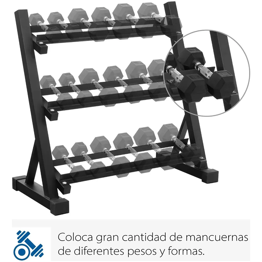 Rack Mancuernas Hexagonales 3 Niveles Fierro Soporte Negro 6