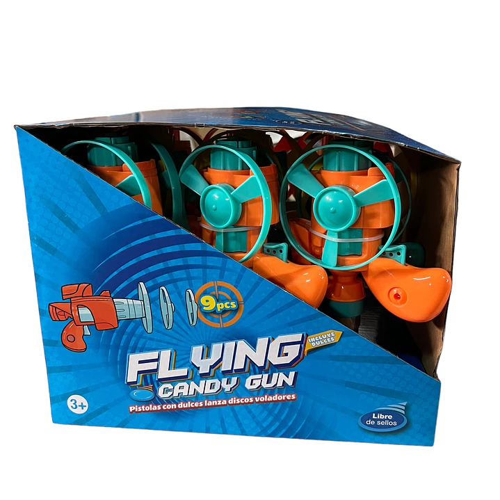 Pack 9 Juguetes + Dulce Sorpresa Cumpleaños Flying Candy Gun 3