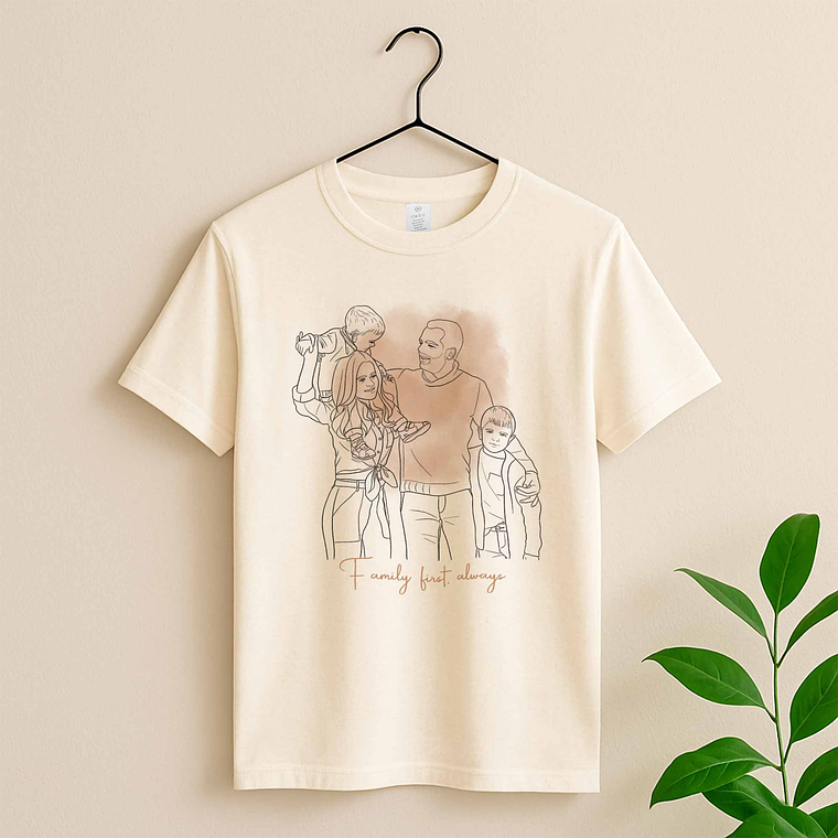 Custom Photo to Line Art Family Picture Unisex Crewneck T-shirt S-5XL Hand-Drawn Style Gift for Father, Mother's Day 5