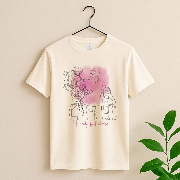 Custom Photo to Line Art Family Picture Unisex Crewneck T-shirt S-5XL Hand-Drawn Style Gift for Father, Mother's Day 6
