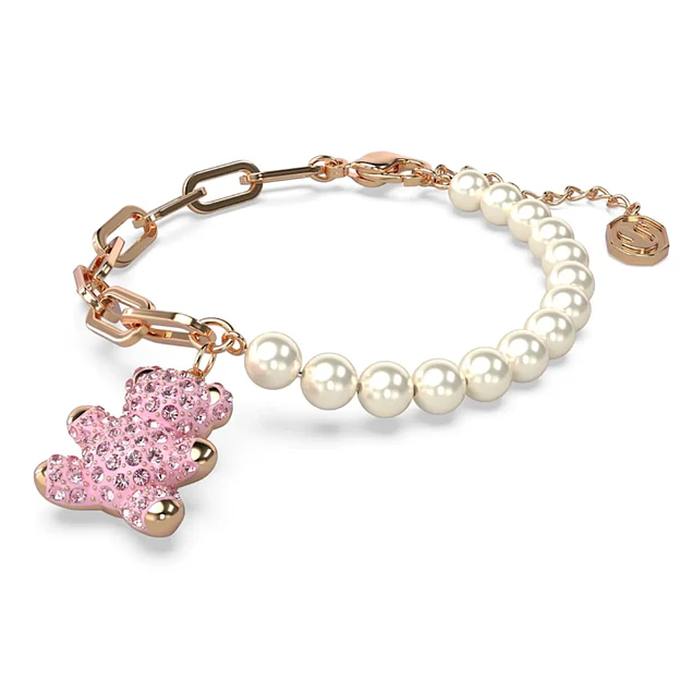 Pulsera Teddy Oso Rosa con Perlas y Eslabones Oro Rosa