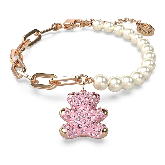 Pulsera Teddy Oso Rosa con Perlas y Eslabones Oro Rosa