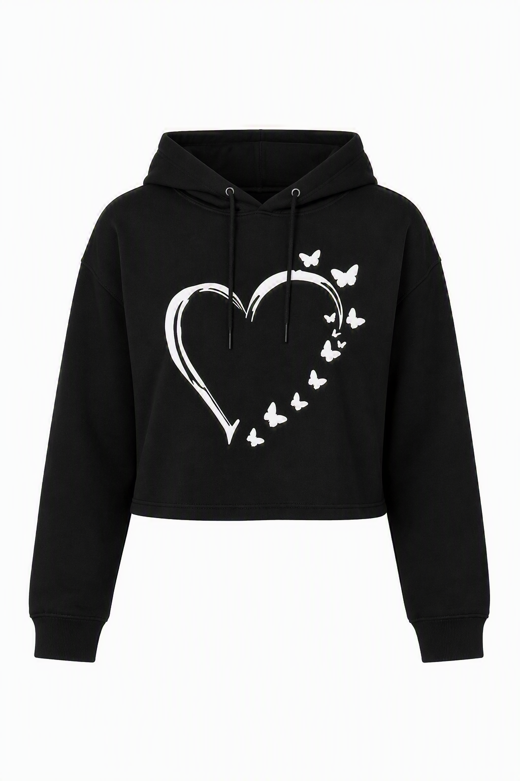 Hoodie Crop Top Negro Corazón y Mariposas 2