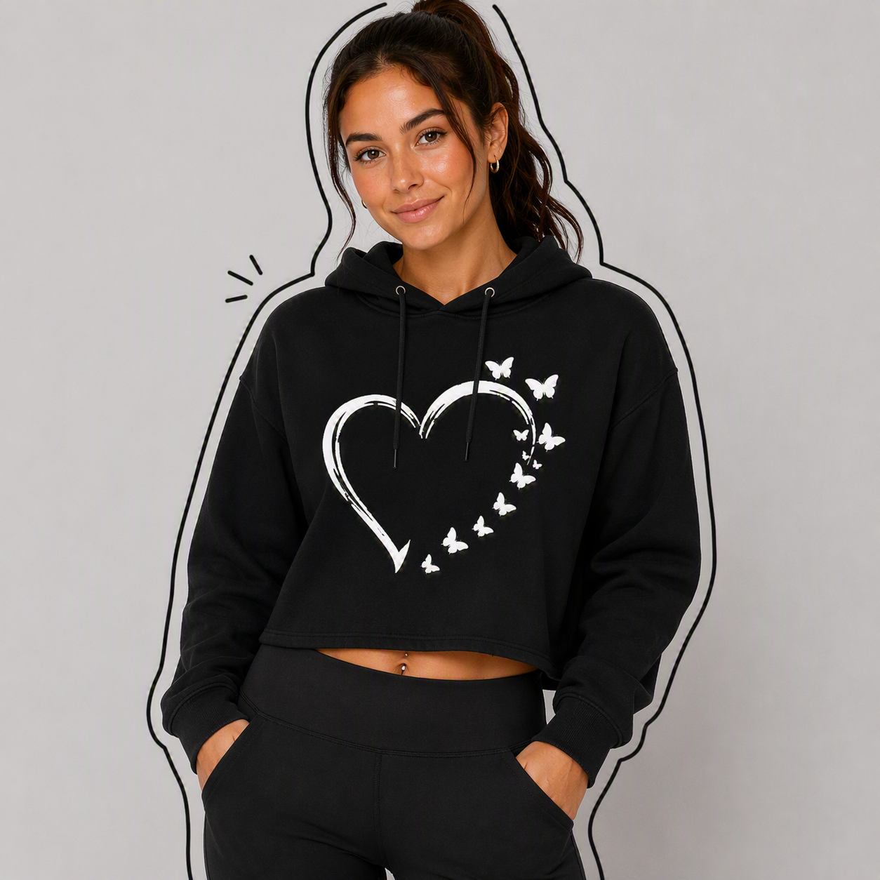 Hoodie Crop Top Negro Corazón y Mariposas 1