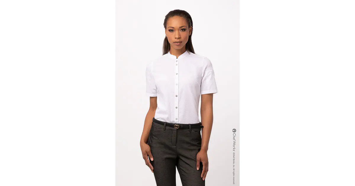 Camisa De Vestir Básica Para Mujer Chef Works – Tela 3.2 Oz, Cuello Integrado, Puños Ajustables