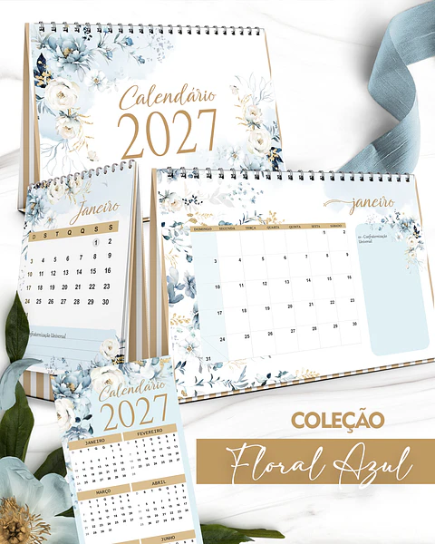 Kit Calendários 2027 - Coleção Floral Azul