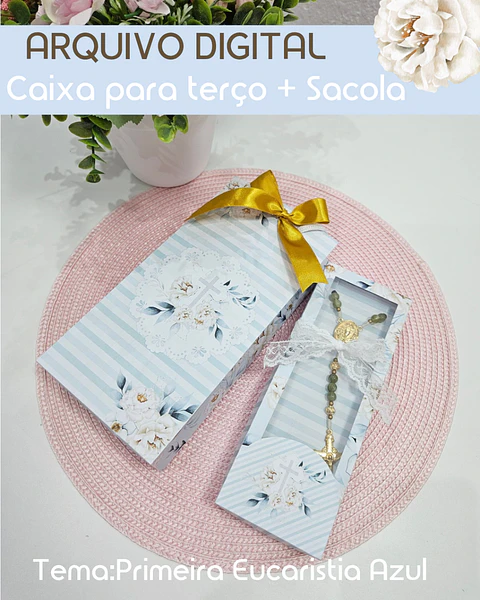 Caixa + Sacola para Terço Eucaristia Azul - Arquivo de Corte